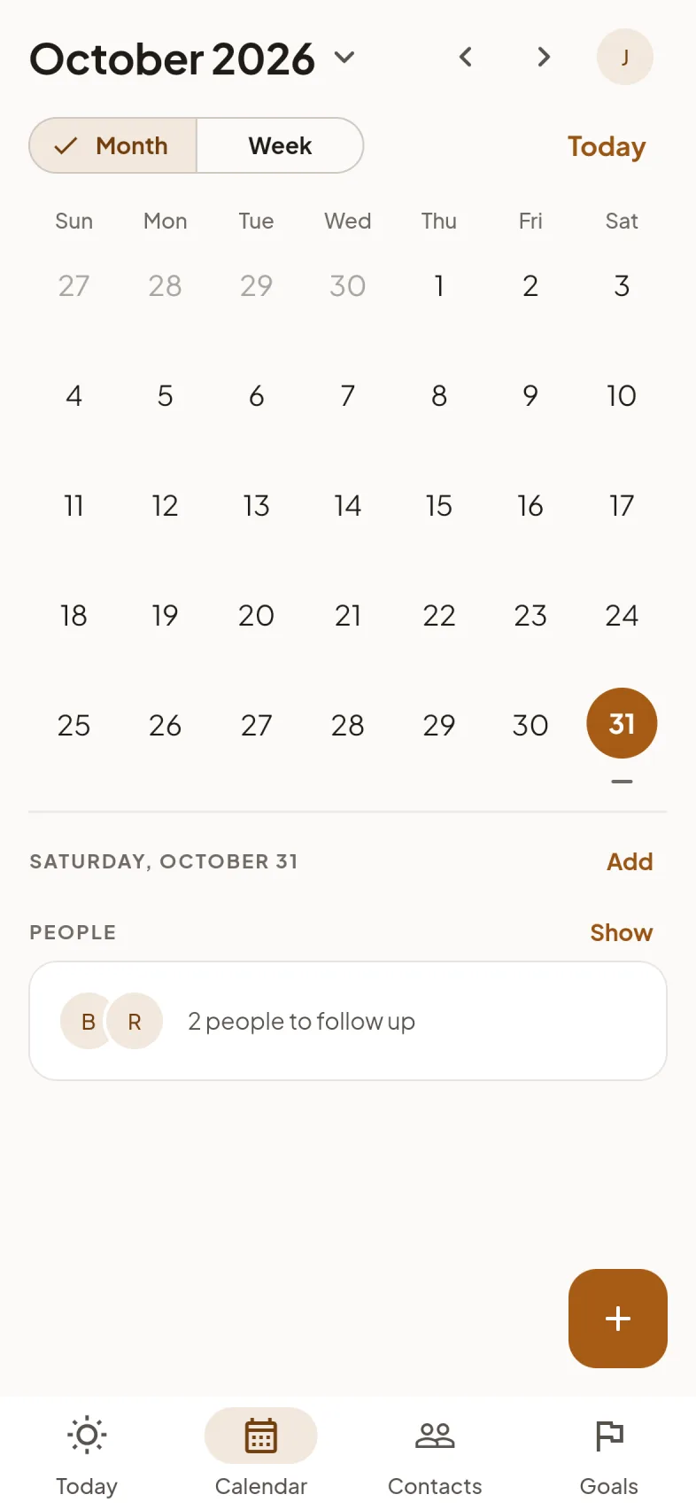 The month's calendar, with the day's follow-ups below it.