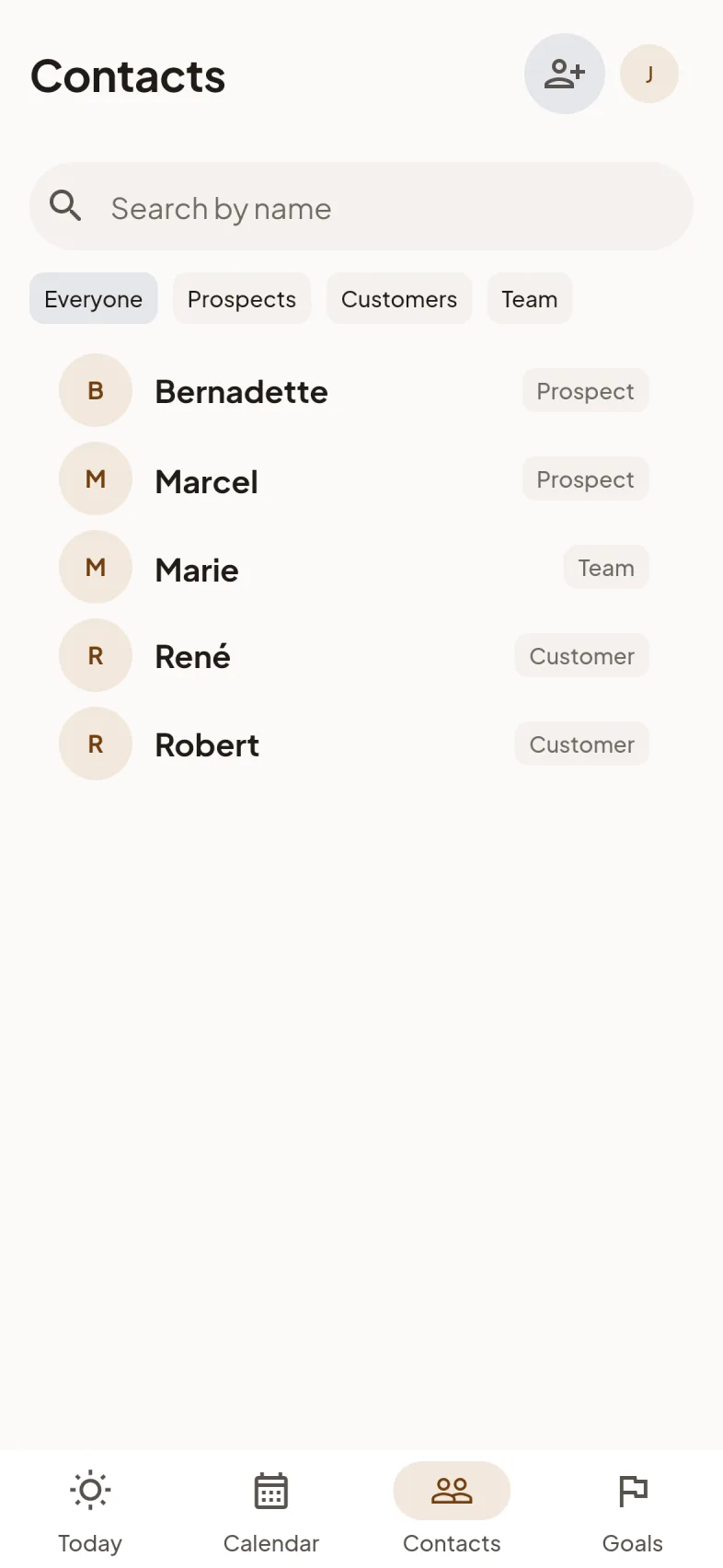 The contact list, filtered by prospects, customers and team.