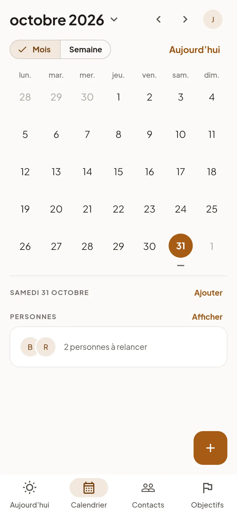 Le calendrier du mois, avec les suivis du jour en dessous.