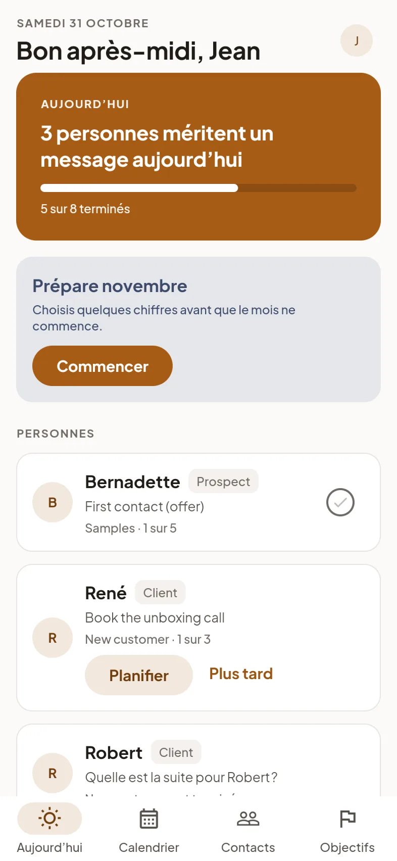 L’écran Aujourd’hui de Loomia : trois personnes à qui écrire aujourd’hui, et qui elles sont.