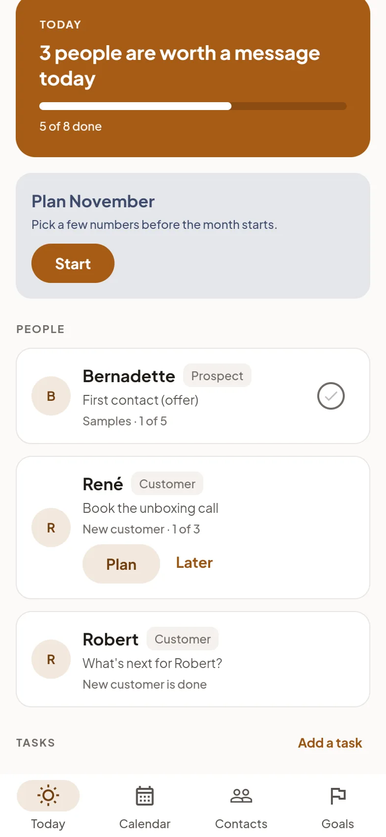 Today, further down: people to follow up and tasks.